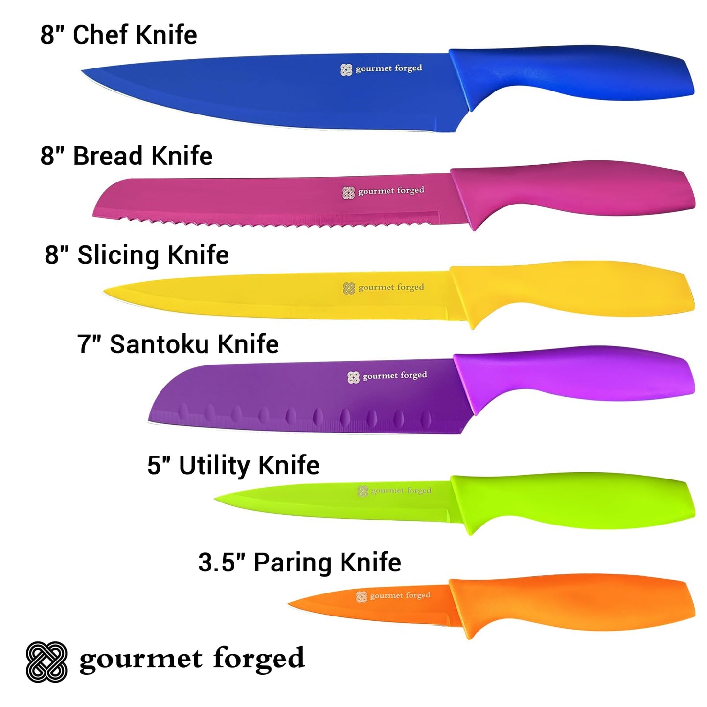 Gourmet Forged ColorSlice 12 Piece Color-Coded Kitchen Knife set 6 Non Stick Dishwasher Safe Knives w/Blade Guards/Sheaths Sharp Stainless Steel Anti Rust Coated Best Multicolor