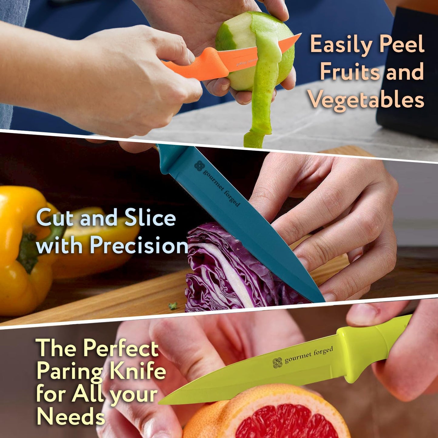 Gourmet Forged ColorSlice 3 PC Color-Coded Paring Knife Set. 5" Fruit Knife, 3.5" Paring, 3" Birds Beak Peeler.