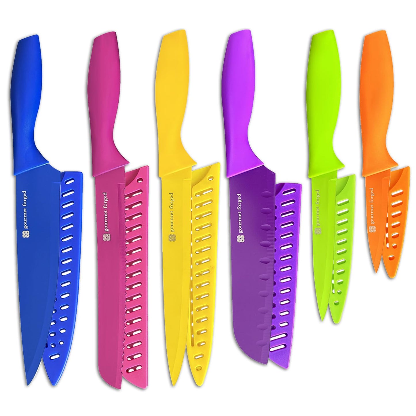 Gourmet Forged ColorSlice 12 Piece Color-Coded Kitchen Knife set 6 Non Stick Dishwasher Safe Knives w/Blade Guards/Sheaths Sharp Stainless Steel Anti Rust Coated Best Multicolor