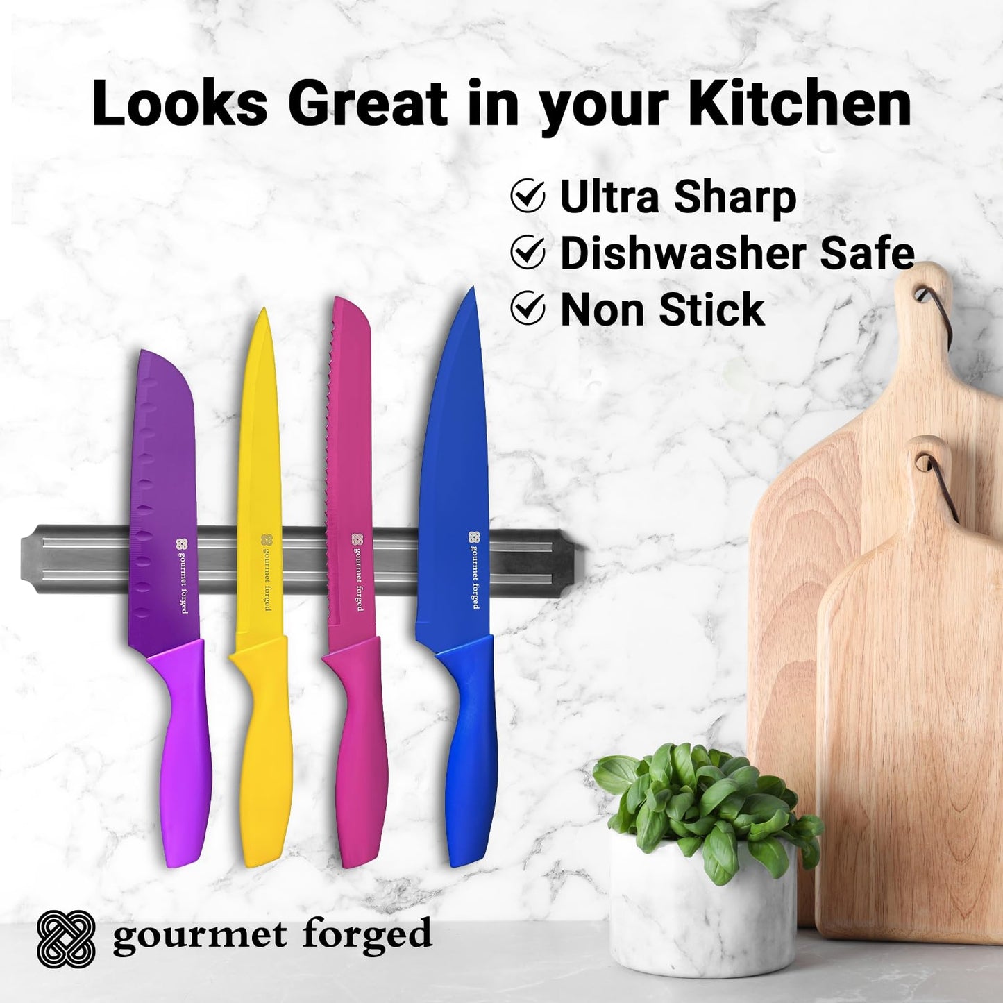 Gourmet Forged ColorSlice 12 Piece Color-Coded Kitchen Knife set 6 Non Stick Dishwasher Safe Knives w/Blade Guards/Sheaths Sharp Stainless Steel Anti Rust Coated Best Multicolor