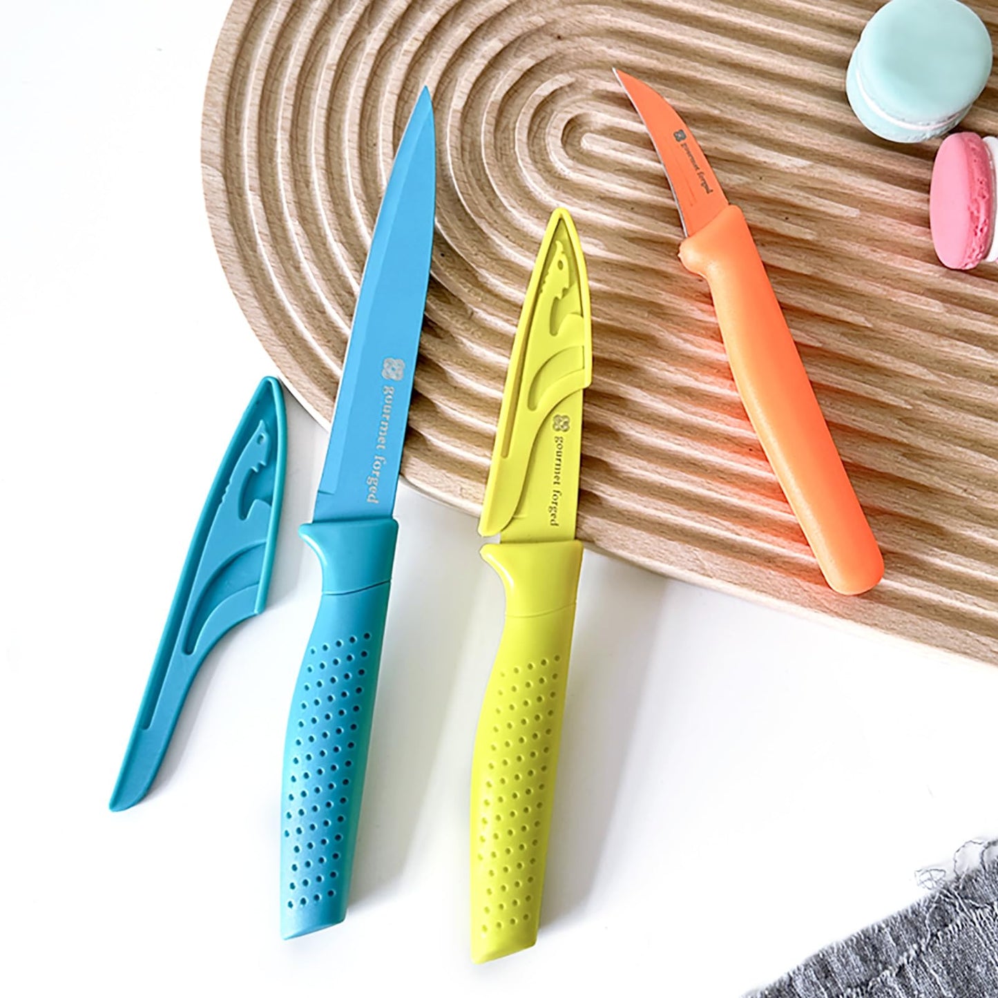 Gourmet Forged ColorSlice 3 PC Color-Coded Paring Knife Set. 5" Fruit Knife, 3.5" Paring, 3" Birds Beak Peeler.