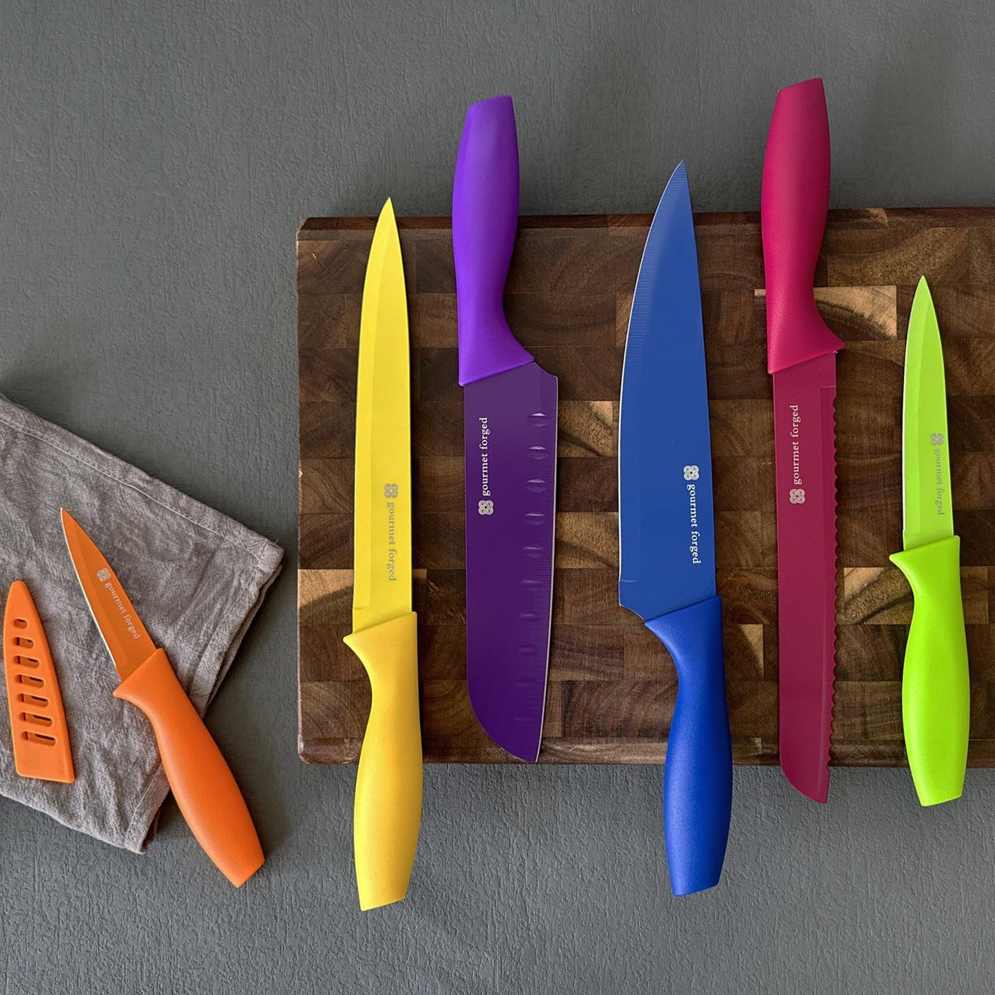 Gourmet Forged ColorSlice 12 Piece Color-Coded Kitchen Knife set 6 Non Stick Dishwasher Safe Knives w/Blade Guards/Sheaths Sharp Stainless Steel Anti Rust Coated Best Multicolor