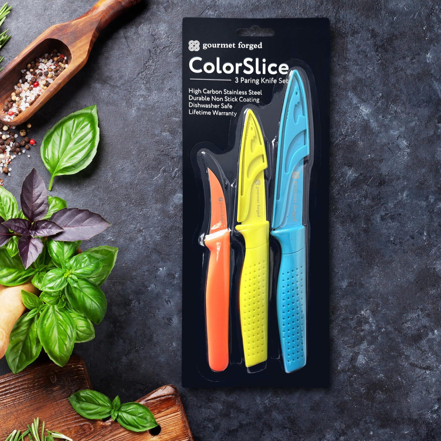 Gourmet Forged ColorSlice 3 PC Color-Coded Paring Knife Set. 5" Fruit Knife, 3.5" Paring, 3" Birds Beak Peeler.