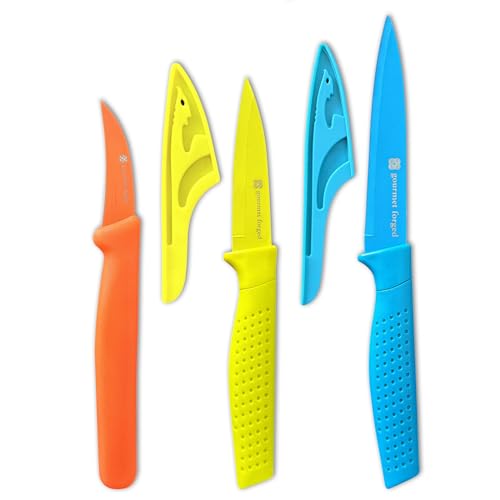 Gourmet Forged ColorSlice 3 PC Color-Coded Paring Knife Set. 5" Fruit Knife, 3.5" Paring, 3" Birds Beak Peeler.