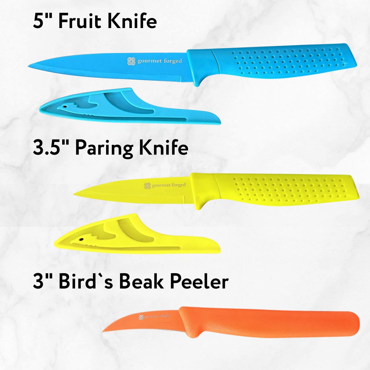 Gourmet Forged ColorSlice 3 PC Color-Coded Paring Knife Set. 5" Fruit Knife, 3.5" Paring, 3" Birds Beak Peeler.